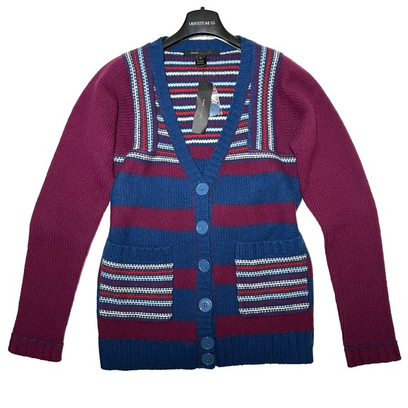 Marc Jacobs Womens Lambswool Striped Belted Cardigan Sweater Size L - Picture 1 of 8